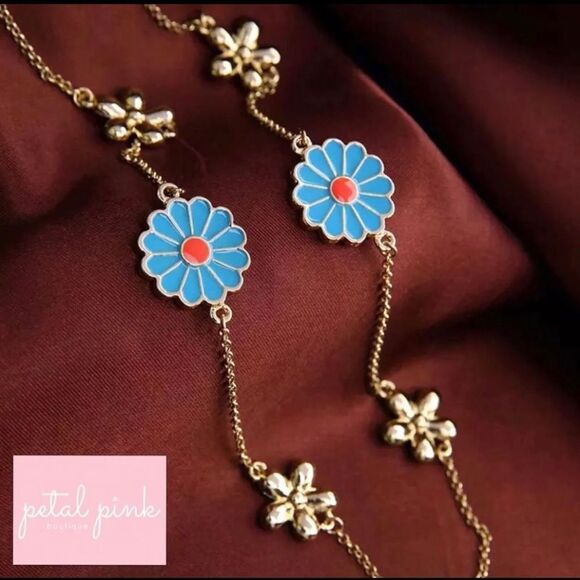 FABULOUS High-End Long Enamel Flower Necklace Blue Gold - Picture 2 of 7